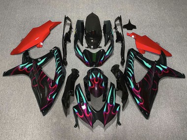 Carenados Moto Suzuki GSXR 600 / GSXR 750 2008-2010 - Negro Brillante Rojo Cian Llama