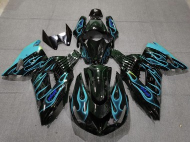 Carenados Moto Kawasaki ZX14R 2006-2011 - Negro Brillante Azul Claro Llama