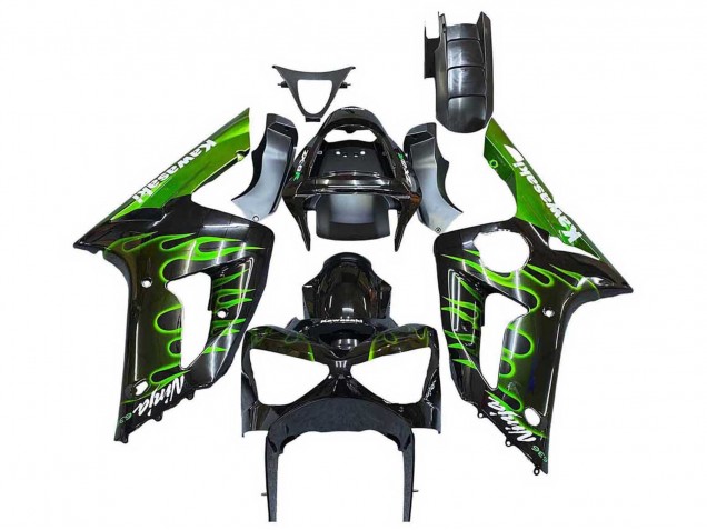 Carenados Moto Kawasaki ZX6R 2003-2004 - Negro Brillante Verde Llama