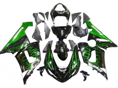 Carenado Moto Kawasaki ZX6R 2005-2006 - Negro Brillante Verde Llama