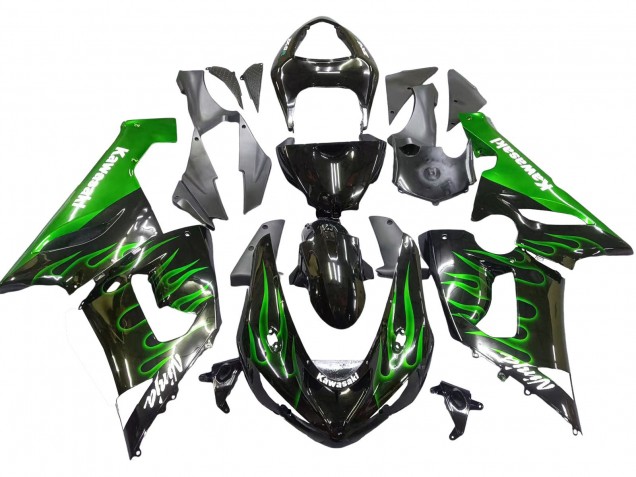 Carenado Moto Kawasaki ZX6R 2005-2006 - Negro Brillante Verde Llama