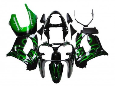 Carenados Moto Kawasaki ZX9R 2000-2001 - Negro Brillante Verde Llama Blanco